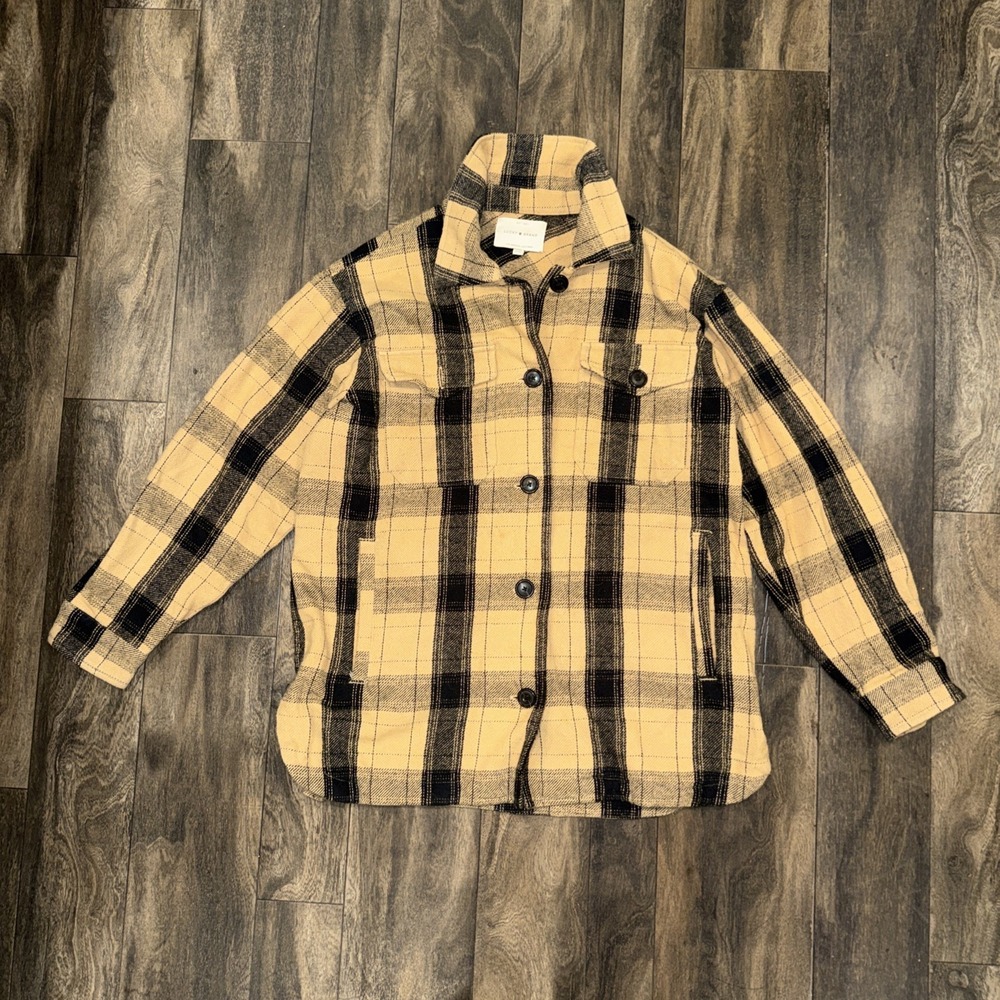 Lucky Brand Flannel Plaid Button-Up Sweater Jacket Women's Size S Yellow Outdoor